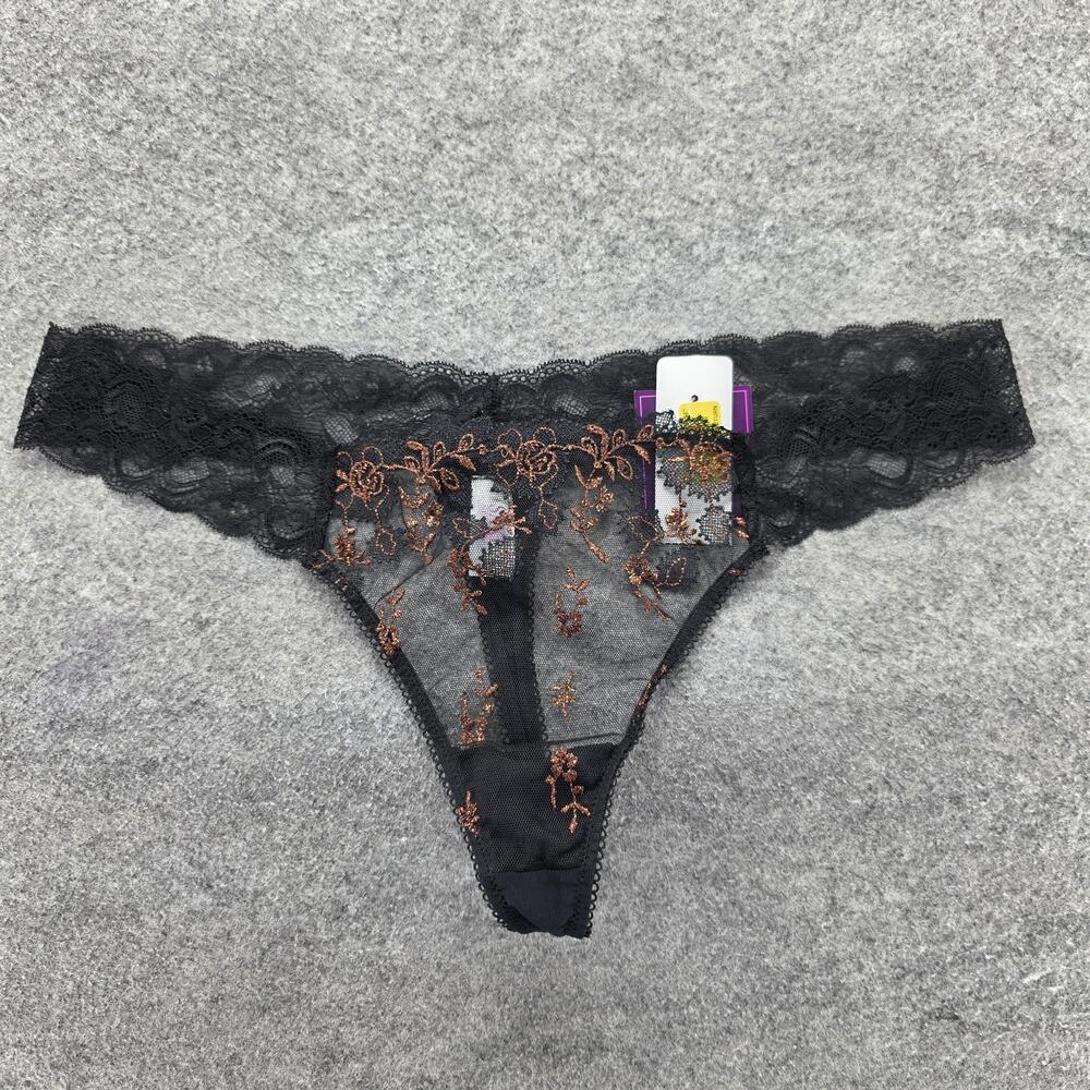 SAKI SILVER Panties Womens L Black Thong Lace Sheer Floral Embroidered Stretch